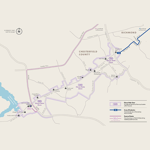 Chesterfield County map with 260 1 C 82 X bus routes overlaid