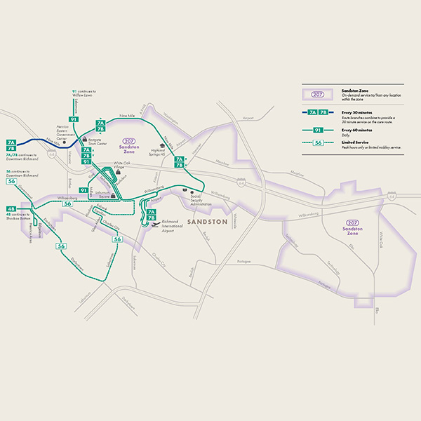 Sandston map with bus routes on it. 7 A & B 91 and 56