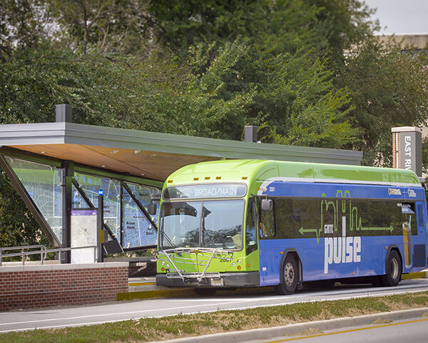 A pulse bus docked at the East Riverfront Station