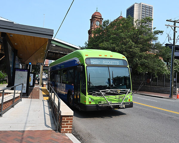 A bus at the Pulse station pulls into traffic