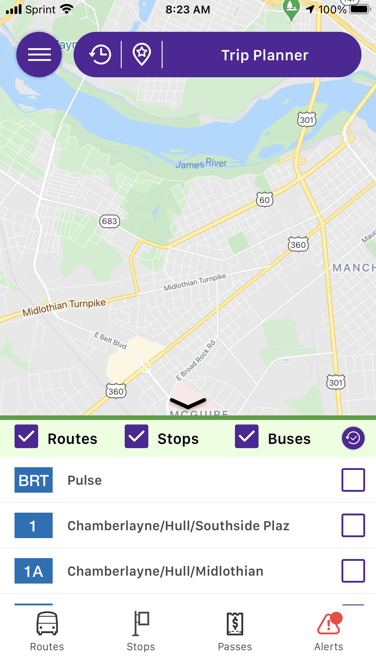 Tap the bottom arrow to reveal the map display options for buses, stops, and routes