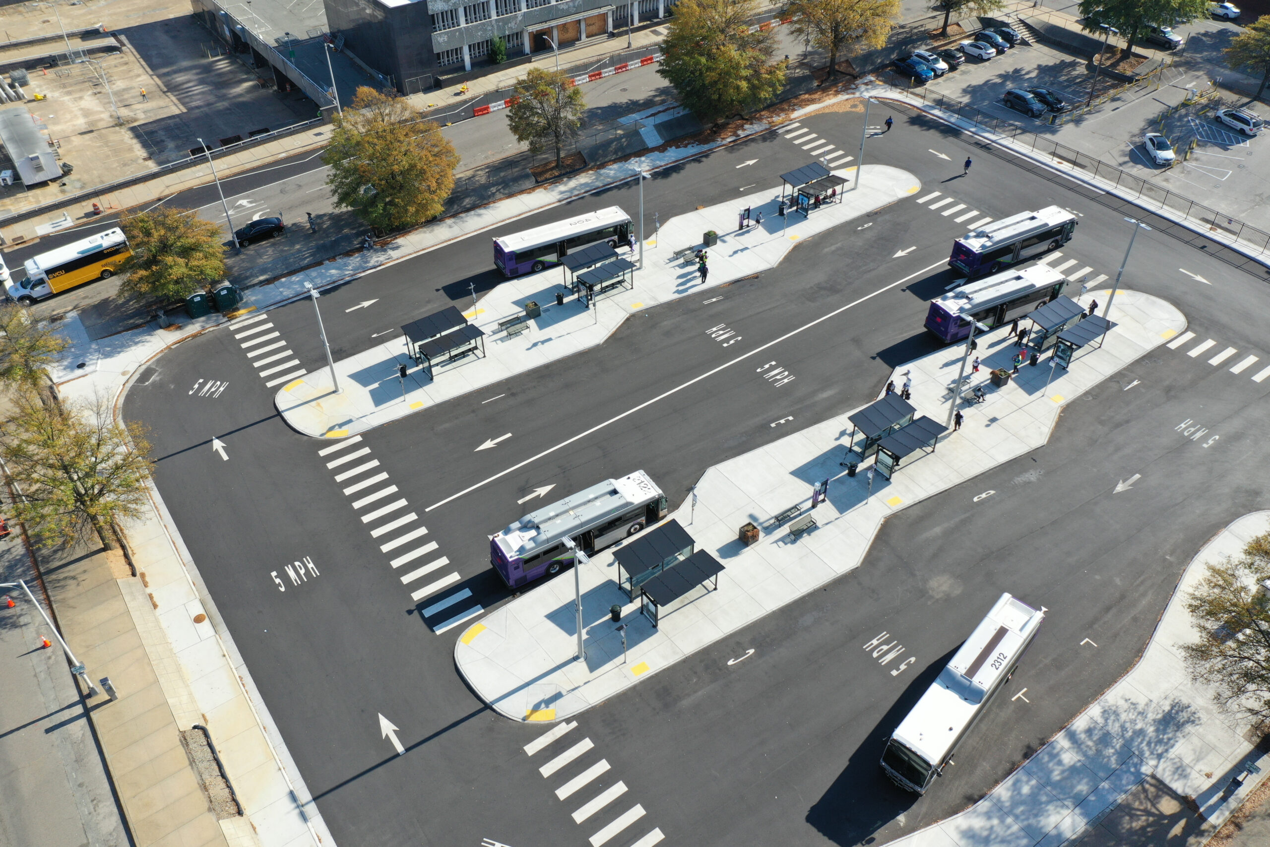 Aerial view of buses pulling up to the Downtown Transfer Station