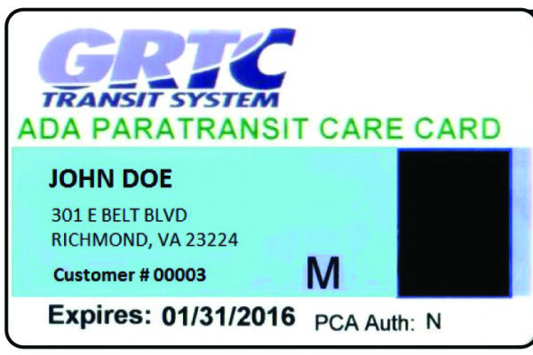 GRTC Transit System card type examples Senior Fare ID card in yellow ADA paratransit care card in blue and Disabilities reduced fare ID card in green