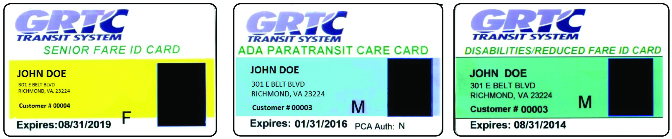 GRTC Transit System card type examples Senior Fare ID card in yellow ADA paratransit care card in blue and Disabilities reduced fare ID card in green