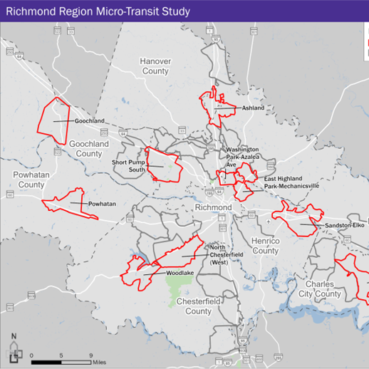 Micro-Transit Study Map with Top Candidate Zones outlined in red