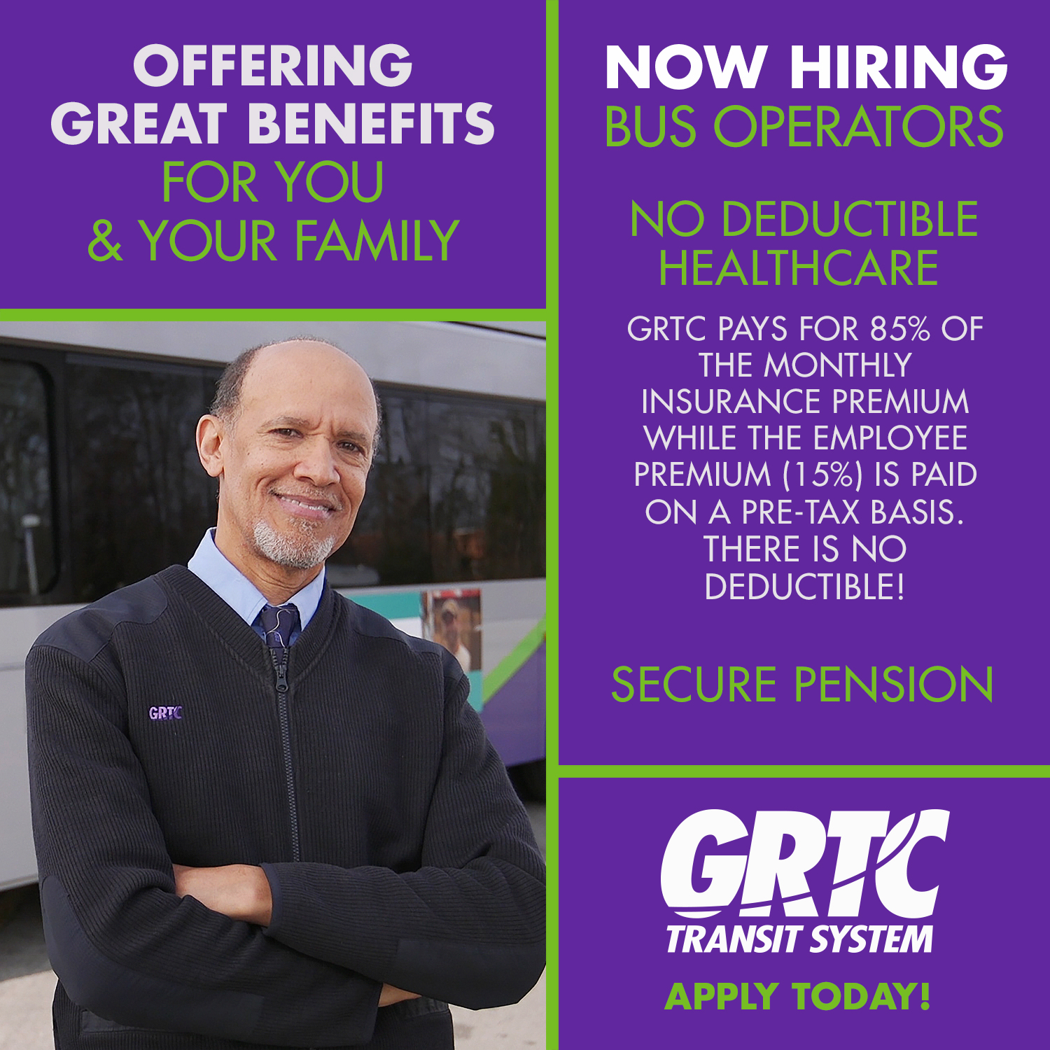 Now Hiring Bus Operators with great benefits for you and your family