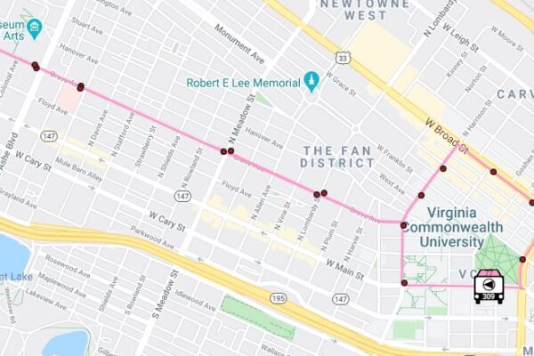 Map of route 77 around Virginia Commonwealth University