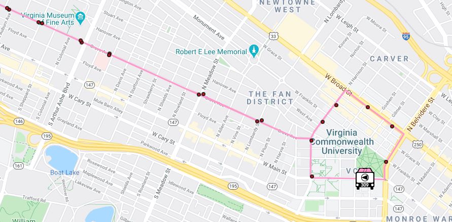 Map of route 77 around Virginia Commonwealth University