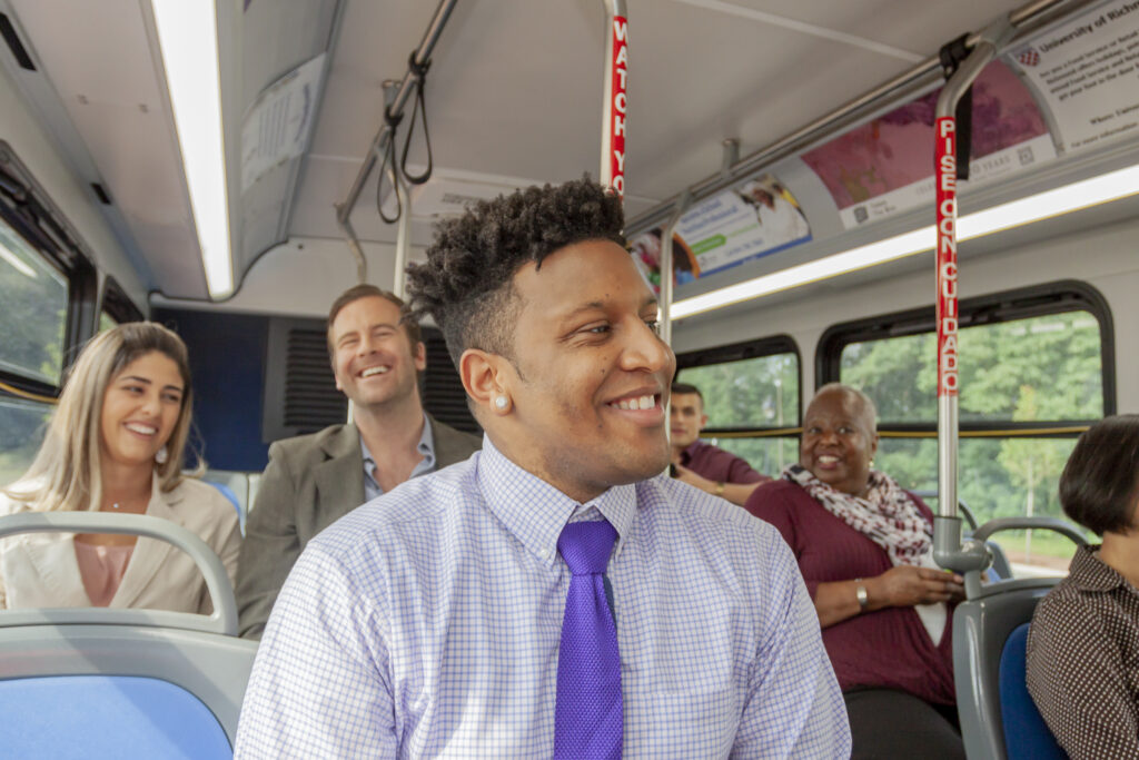 Commuters riding the express bus to work