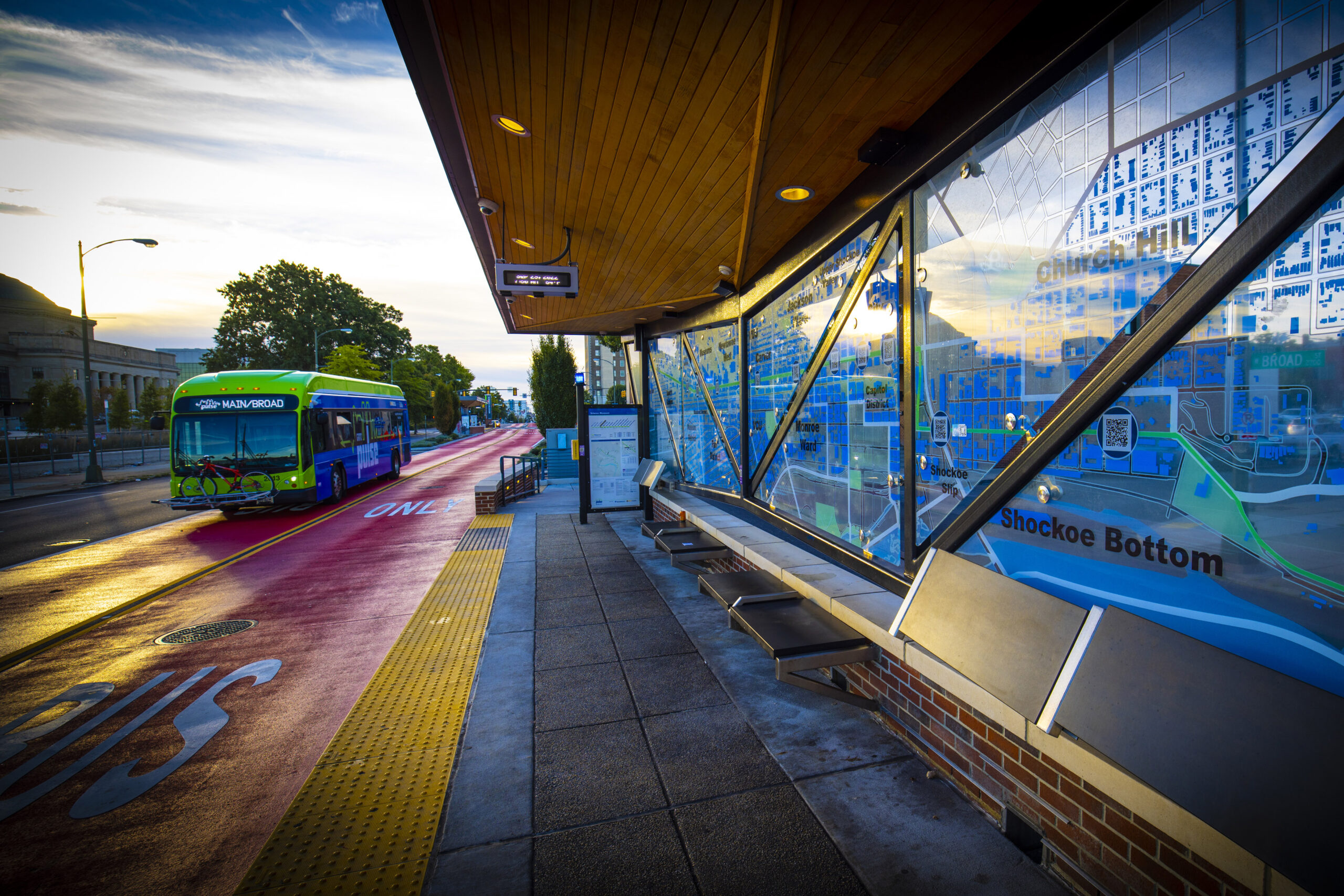 a GRTC pulse station with a bus approaching using the bus only lanes