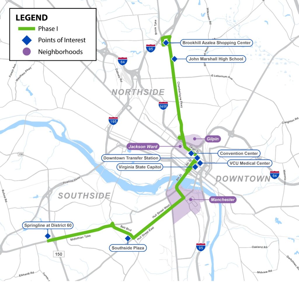 Phase 1 Project Map showing route from Brookhill Azalea Shopping Center to Springline at District 60