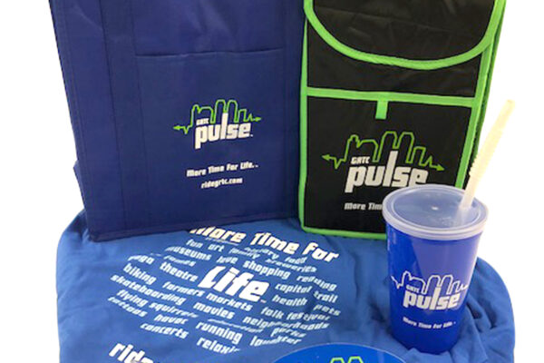 Pulse promo swag including cups stickets, bags lipbalm and pens