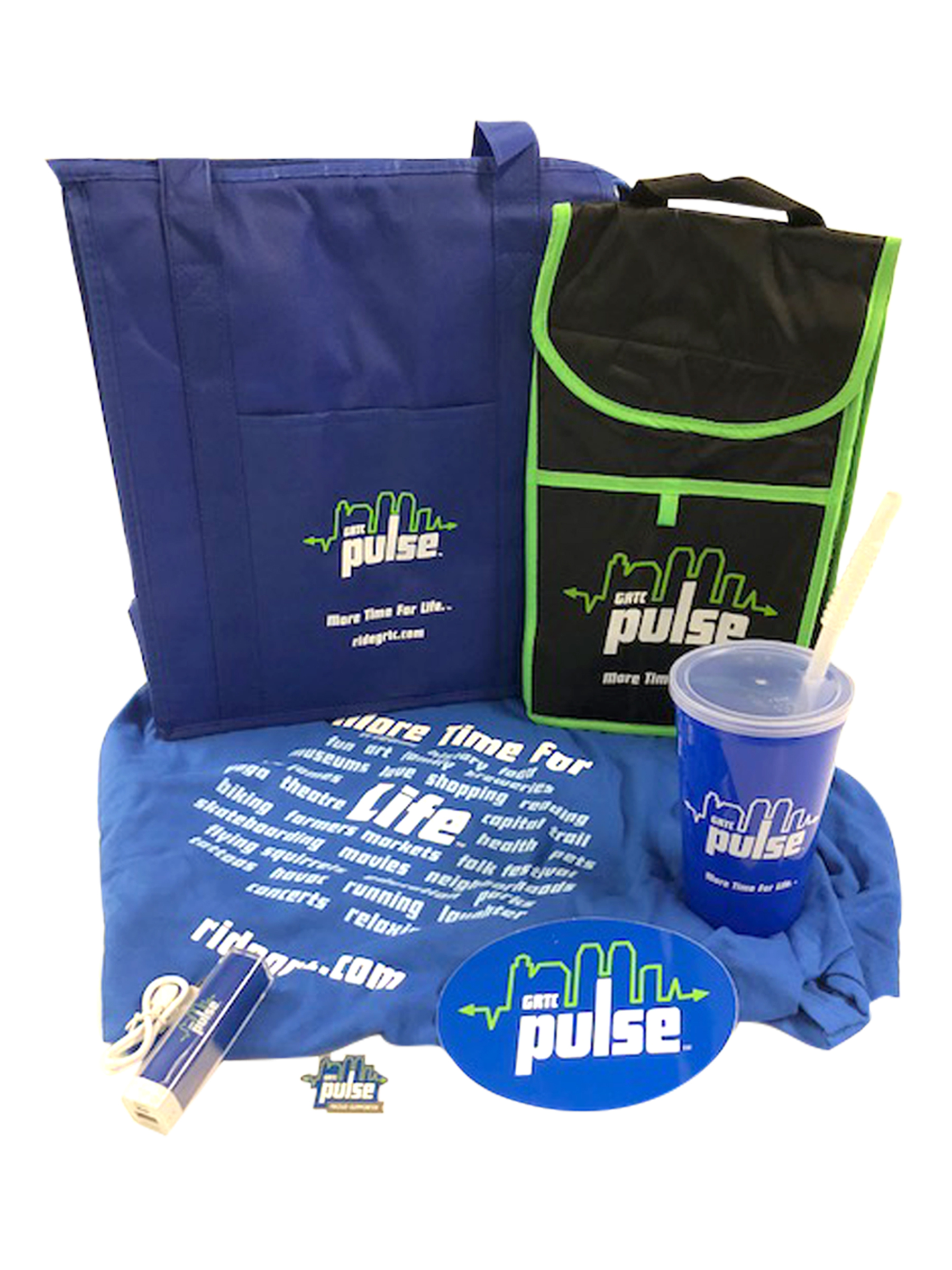 Pulse promo swag including cups stickets, bags lipbalm and pens