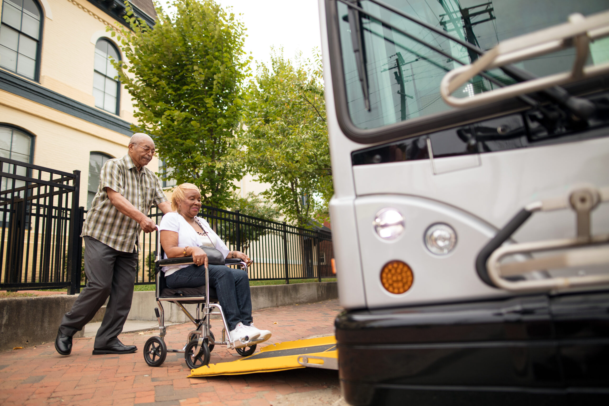 The wheelchair ramp deployed for boarding