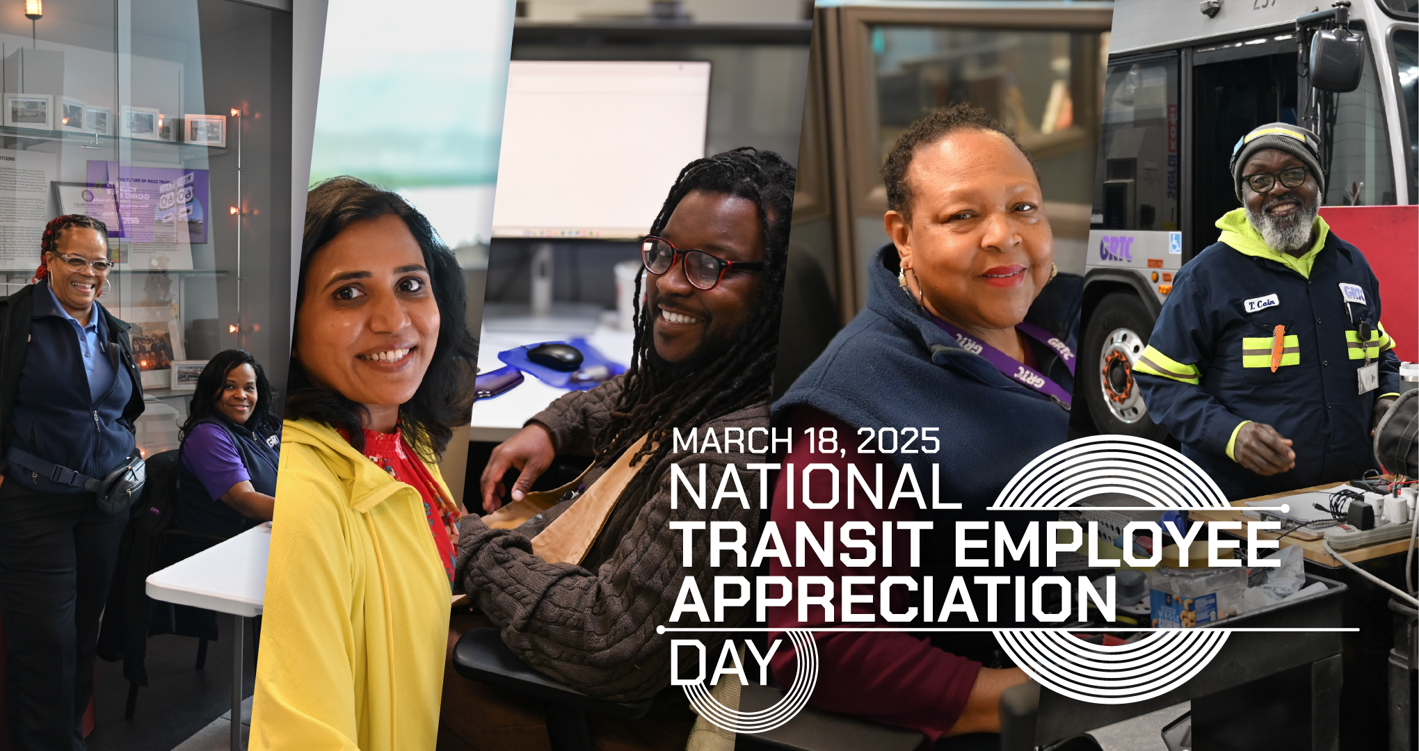 "March 18, 2025: National Transit Employee Appreciation Day" banner with photos of GRTC employees including operators, IT, Planning, Customer Service, and Maintenance Staff